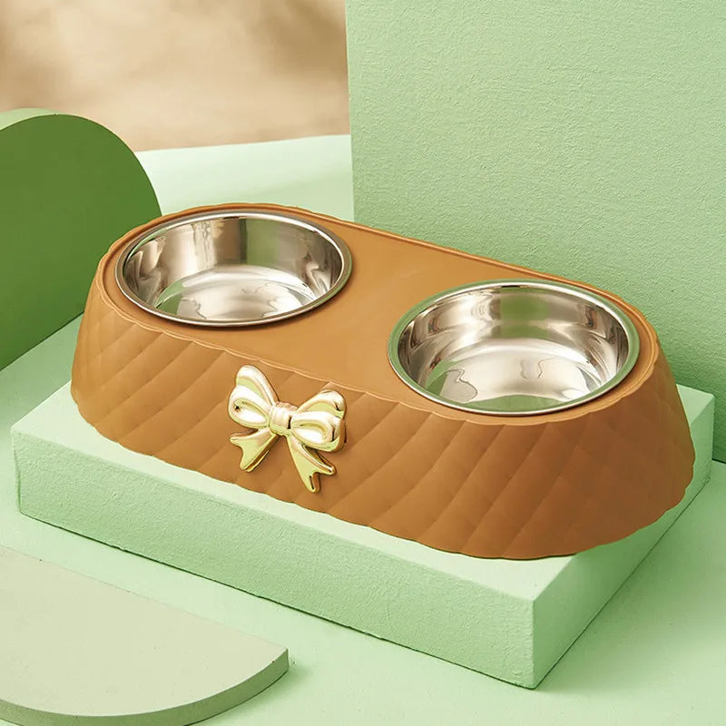 Pet Supplies Bow-tie Bowknot Cats Food Bowl Dog Bowl Stainless Steel Double Pet Accessories Feeding Drinking Double Bowl