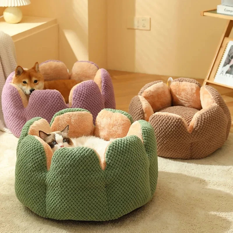 Petal-Shaped Winter Warm Bed for Pets, Dog Kennel, Kitten House, Soft Plush Round Basket, Fluffy Puppy Cushion Mat, Pet Supplies