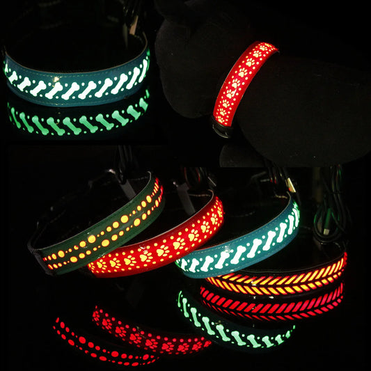 Led Dog Collar Luminous Collar USB Chargeable Pet Collar PU Leather Engraved Design Adjustable Night Light Collar for Dogs