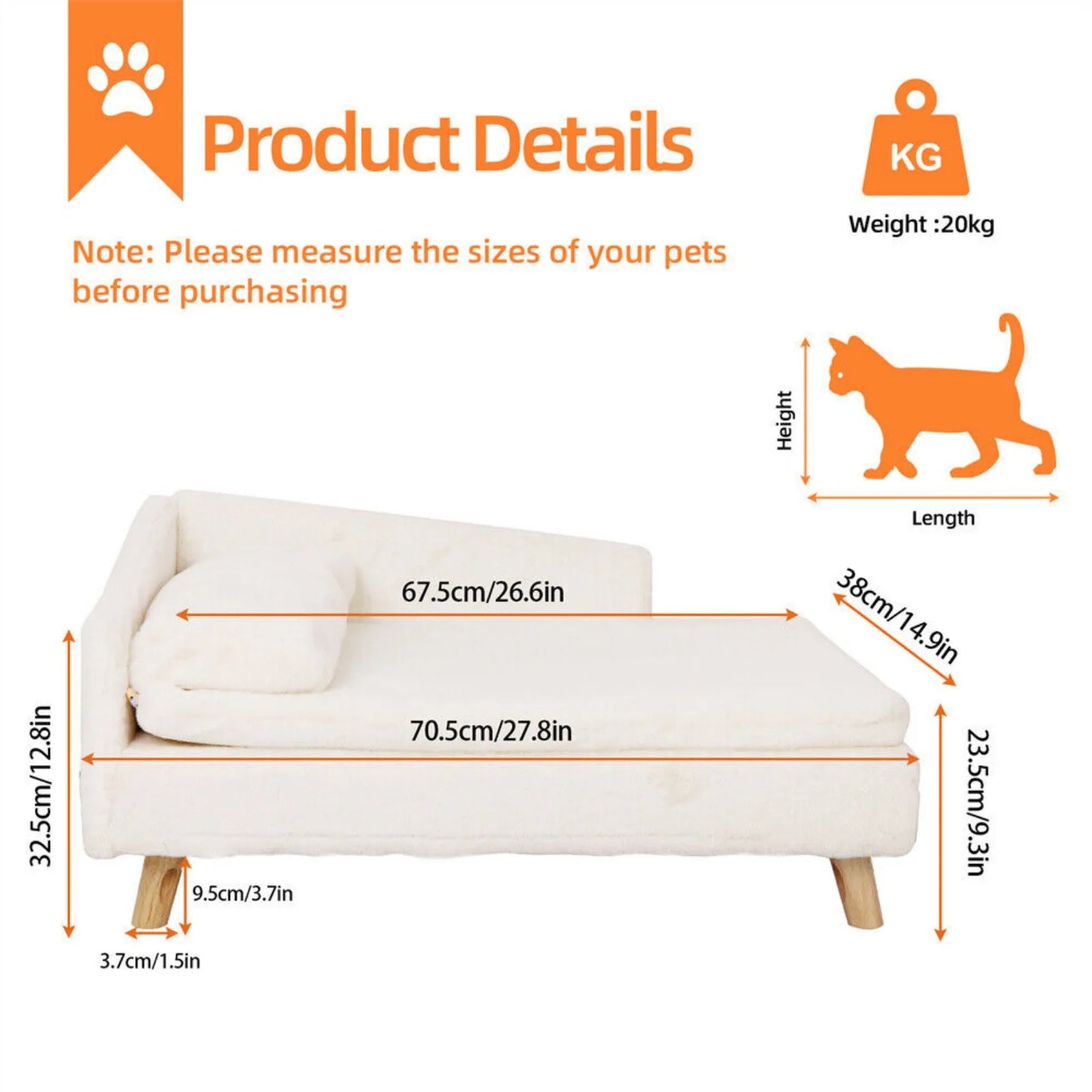 L Shape Soft Elevated Dog Cat Sofa Bed Raised Pet Lounger Couch w Cushion Pillow