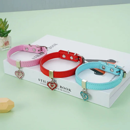 Adjustable Pet Collars Diamante Leather Pet Puppy Necklace Bling Crystal Studded Cat Collars Pink Red for Small Medium Dogs