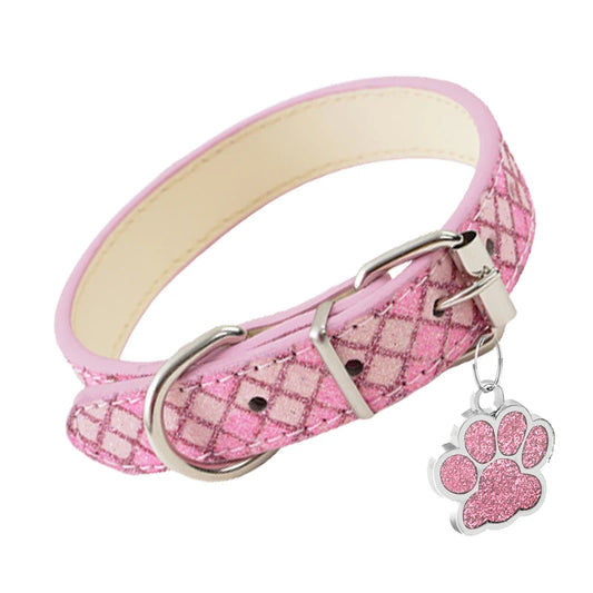 Leather Dog Collars Safety Adjustable Pink Leather PU Glitter Luxury Dog Collars for Small Medium Big Dog Puppy Dog Accessories